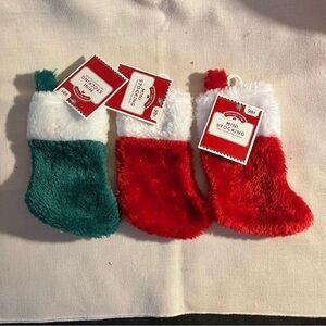 NEW  3 Mini Stocking GREEN & Red White 5.5” Holiday Time Very Fluffy  CHRISTMAS